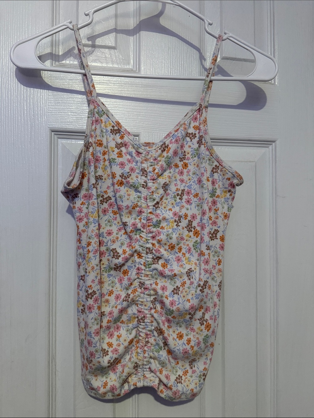 abercrombie kids White Floral Ruched Spaghetti Strap Tank